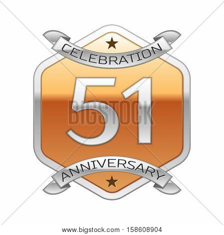 Fifty one years anniversary celebration silver logo with silver ribbon and golden hexagonal ornament on white background.