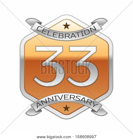 Thirty three years anniversary celebration silver logo with silver ribbon and golden hexagonal ornament on white background.