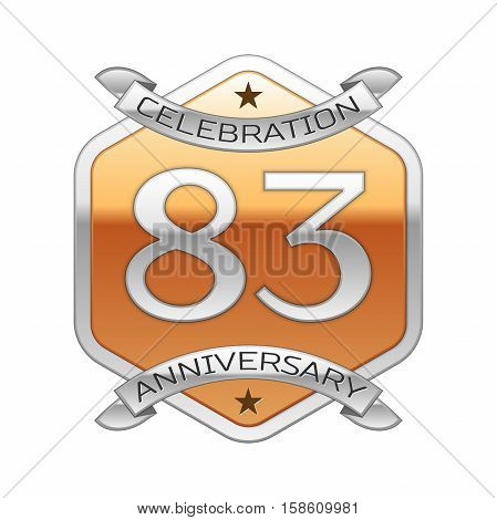 Eighty three years anniversary celebration silver logo with silver ribbon and golden hexagonal ornament on white background.