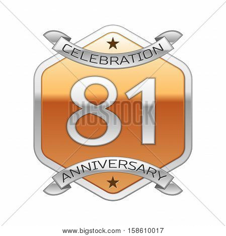 Eighty one years anniversary celebration silver logo with silver ribbon and golden hexagonal ornament on white background.