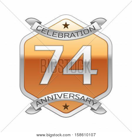 Seventy four years anniversary celebration silver logo with silver ribbon and golden hexagonal ornament on white background.