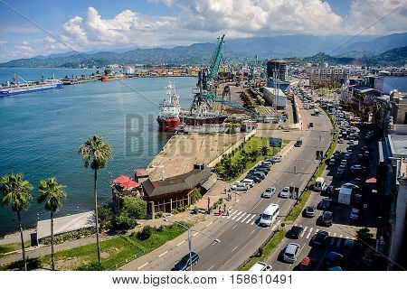 the port of ships and the cranes from a height