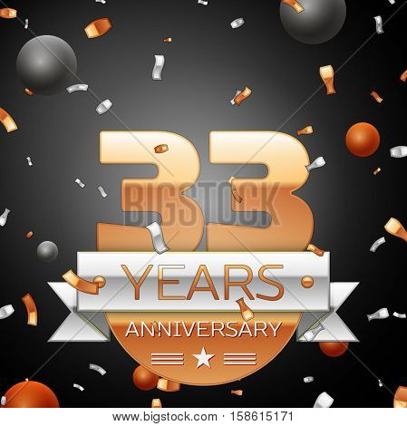 Thirty three years anniversary celebration background with silver ribbon confetti and circles. Anniversary ribbon. Vector illustration.