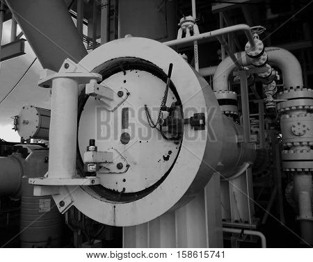 Pig receiver and valve construction for oil and gas production process, Pipeline construction on offshore wellhead remote platform, Energy and petroleum industry.