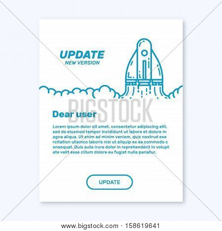 Vector illustration of concept Update technology and rocket in flat line style. Modern blue graphic UI UX interface design banner for web design projects, marketing applications.