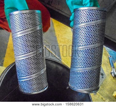 Close up old and dirty car oil filter, automotive maintenance service,Hydraulic Filter Element Internals Showing Metal Spiral Filter