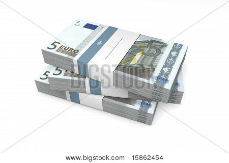 Três pacotes de notas de Euro 5 com invólucro de banco
