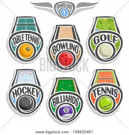 Vector set sports logo with ball, table tennis, bowling alley, golf course lawn, hockey puck on ice rink, billiards pool, tennis ground court, abstract sign sporting club, line ball isolated on white