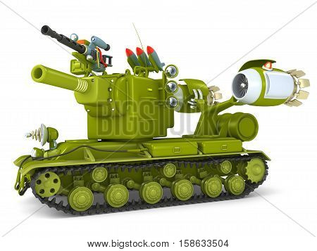 Cartoon Ultra Tank rides stops and shoots
