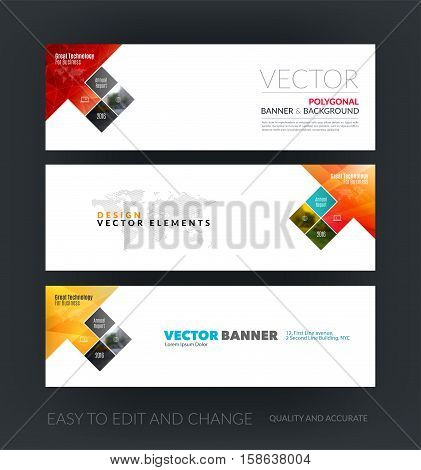 Vector set of modern horizontal website banners with arrow, rectangles, squares, diagonal house window for real estate, business, building, network, communication.  Clean web headers design.