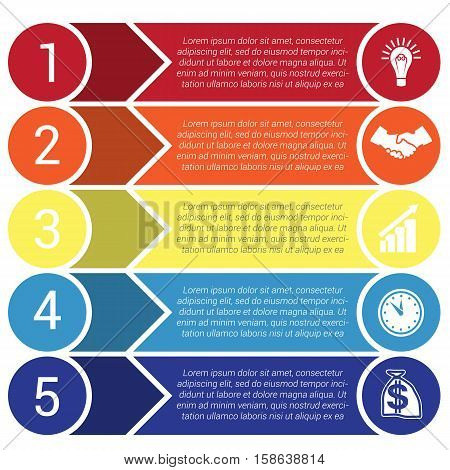 Circles horizontal colorful arrows and strips bars infochart areachart presentation or templates for 5 positions infographics