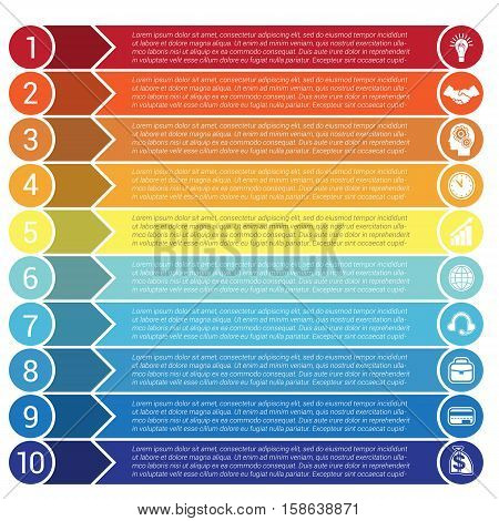 Circles horizontal colorful arrows and strips bars infochart areachart presentation or templates for 10 positions infographics