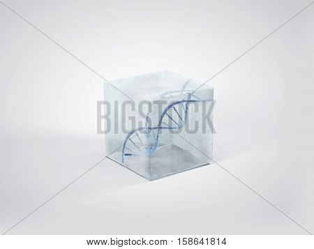 DNA double helix in ice cube. Frozen DNA 3D illustration