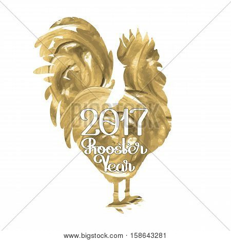 Graphic rooster silhouette with inscription. Symbol of 2017 year isolated on white backhround with golden acrylic texture.