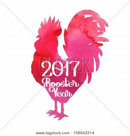 Graphic rooster silhouette with inscription. Symbol of 2017 year isolated on white backhround with pink watercolor texture.