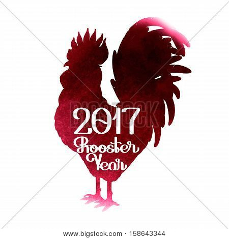 Graphic rooster silhouette with inscription. Symbol of 2017 year isolated on white backhround with vinous watercolor texture.