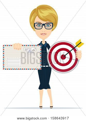 a woman with target and letter . Stock vector illustration