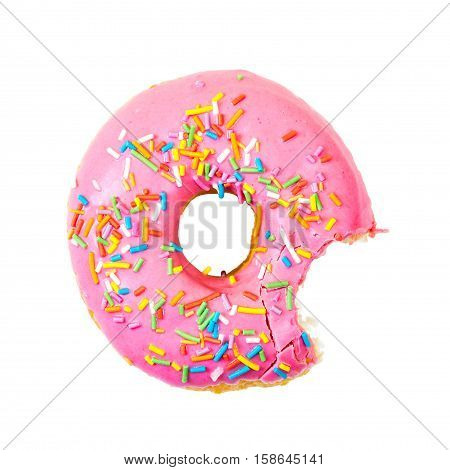 Bitten Strawberry Donut With Colorful Sprinkles. Top View.