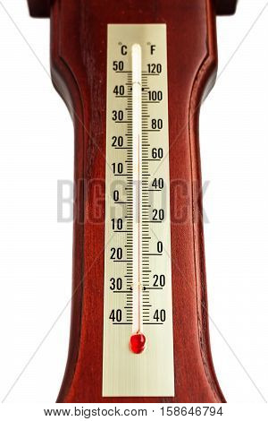 Thermometer Isolated on White Background. At thermometer wooden base