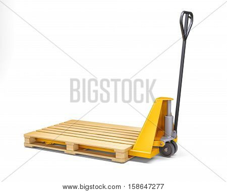 Yellow pallet jack. Isolated on white. 3D rendering