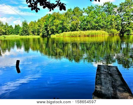 A view on the clear blue watter with reflection of forest.