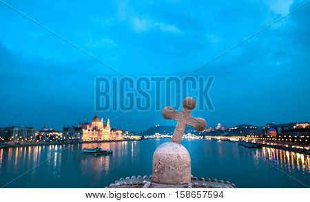 Night lights of Budapest with river Danube and the Parliament.