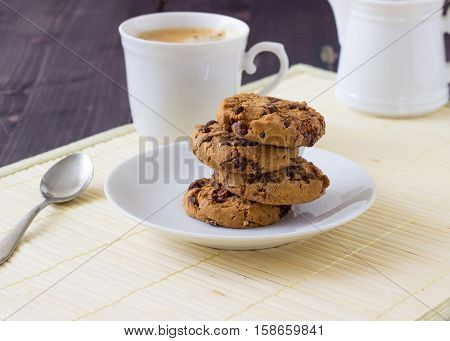Mug Of Tea Or Coffee. Cookies Wooden Background