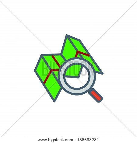 Vector icon or illustration showed search on map with magnifying glass in outline style