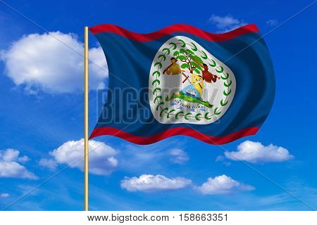 Belizean national official flag. Patriotic symbol banner element background. Correct colors. Flag of Belize on flagpole waving in the wind blue sky background. Fabric texture. 3D rendered illustration