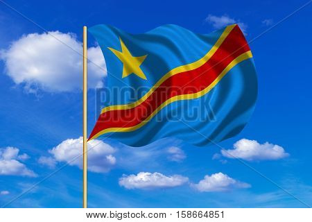 DR Congo national official flag. African patriotic symbol banner element. Correct colors. Flag of Democratic Republic of the Congo on flagpole waving in the wind blue sky background. Fabric texture. 3D rendered illustration