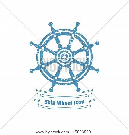 Ship helm icon. Sailboat steering wheel badge. Vintage marine label. Nautical rudder sign emblem. Vector sea navigation element. Sail vessel symbol. Freehand drawn retro style banner grunge background