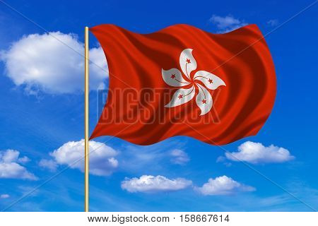 Hong Kongese official flag. Patriotic chinese symbol banner. Hong Kong is special region of PRC. Correct colors. Flag of Hong Kong on flagpole waving in the wind blue sky background. Fabric texture. 3D rendered illustration