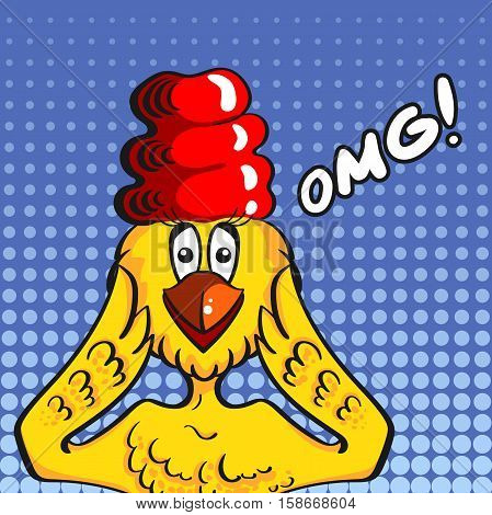 Pop art surprised woman chicken face with open beak. Vector illustration
