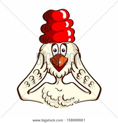 Cartoon surprised chicken face with open beak isolated on white. Vector illustration