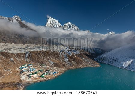 Himalaya Mountain Landscape. View Over Gokyo Village, Lake And Ngozumpa Glacier In Sagarmatha Nation