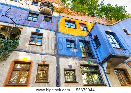 Vienna, Austria - October 14, 2016: Facade Of Huntdertwarsser House In Vienna. The Hundertwasser Hou
