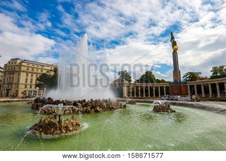 Vienna, Austria, October 13, 2016: World War Fountain And  Heroes Monument Of Red Army On Schwarzenb
