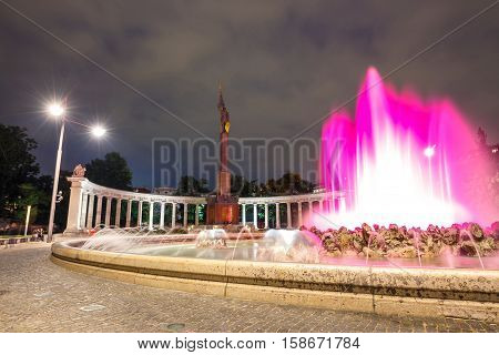 Vienna, Austria, October 13, 2016: Night View Of  World War Fountain And  Heroes Monument Of Red Arm