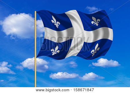 Canadian provincial flag QC patriotic official symbol. Canada Quebec banner. Correct color. Flag of the Canadian province of Quebec on flagpole waving in the wind blue sky background. Fabric texture. 3D rendered illustration
