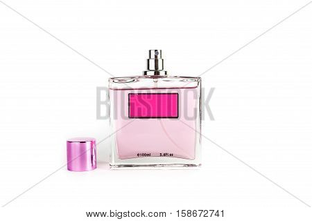 Perfume in beautiful rose color bottle isolated on white background