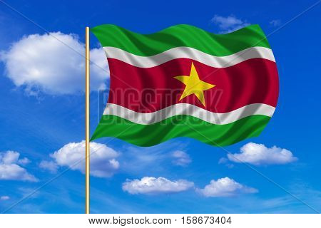 Surinamese national official flag. Patriotic symbol banner element background. Correct colors. Flag of Suriname on flagpole waving in the wind blue sky background. Fabric texture. 3D rendered illustration