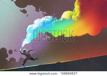 boy running and holding up colorful smoke flare on dark background, illustration painting
