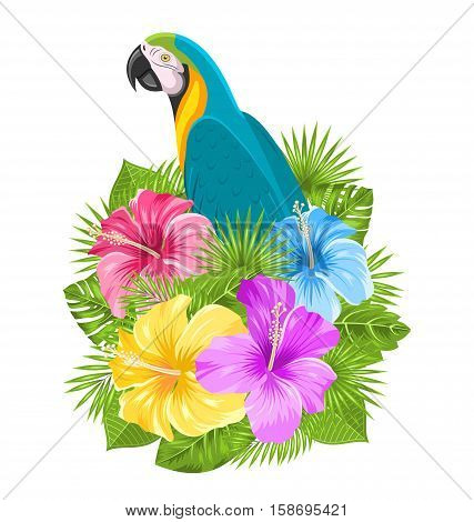 Illustration Parrot Ara, Colorful Hibiscus Flowers Blossom and Tropical Leaves, Isolated on White Background - raster