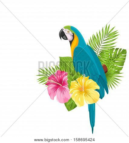 Illustration Parrot Ara, Colorful Exotic Flowers Blossom and Tropical Leaves, Isolated on White Background - raster