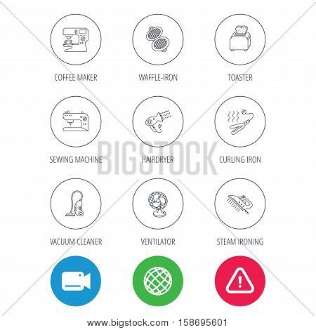 Coffee maker, sewing machine and toaster icons. Ventilator, vacuum cleaner linear signs. Hair dryer, steam ironing and waffle-iron icons. Video cam, hazard attention and internet globe icons. Vector
