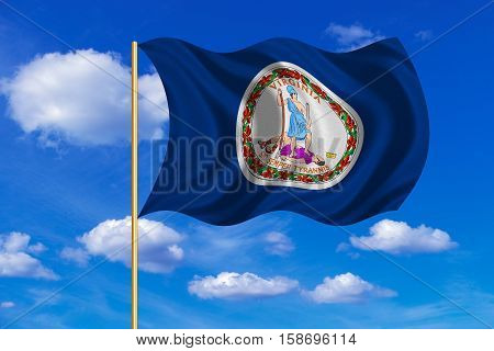 Flag of the US state of Virginia. American patriotic element. USA banner. United States of America symbol. Virginian official flag on flagpole waving in the wind blue sky background. Fabric texture. 3D rendered illustration