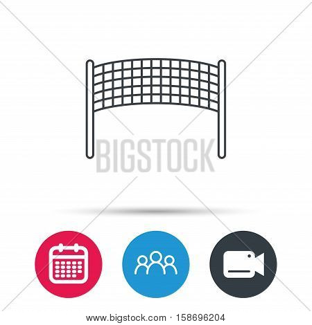 Volleyball net icon. Beach sport game sign. Group of people, video cam and calendar icons. Vector