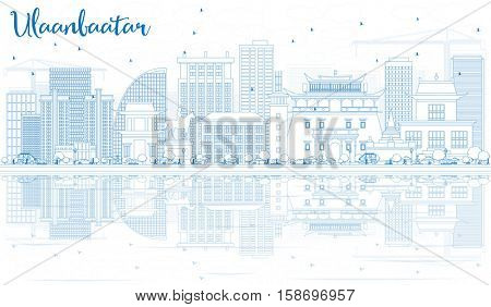 Outline Ulaanbaatar Skyline with Blue Buildings and Reflections. Vector Illustration. Business Travel and Tourism Concept with Historic Architecture. Image for Presentation Banner Placard and Web Site