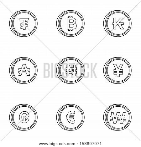 Money of countries icons set. Outline illustration of 9 money of countries vector icons for web