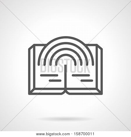Abstract symbol of open book with rainbow. Publication of fantasy literature, reading mysterious, magical stories. E-bookstores and web library. Single black simple line design vector icon.